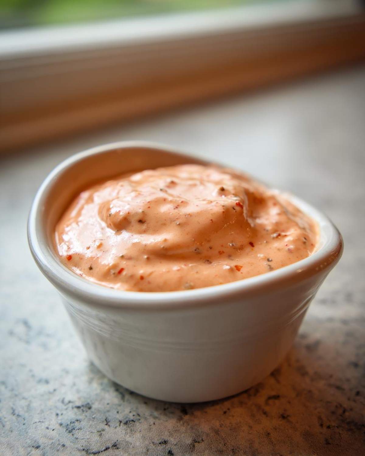 Close-up of thick, orange-pink Copycat Classic Burger Spread Sauce in a small white bowl.