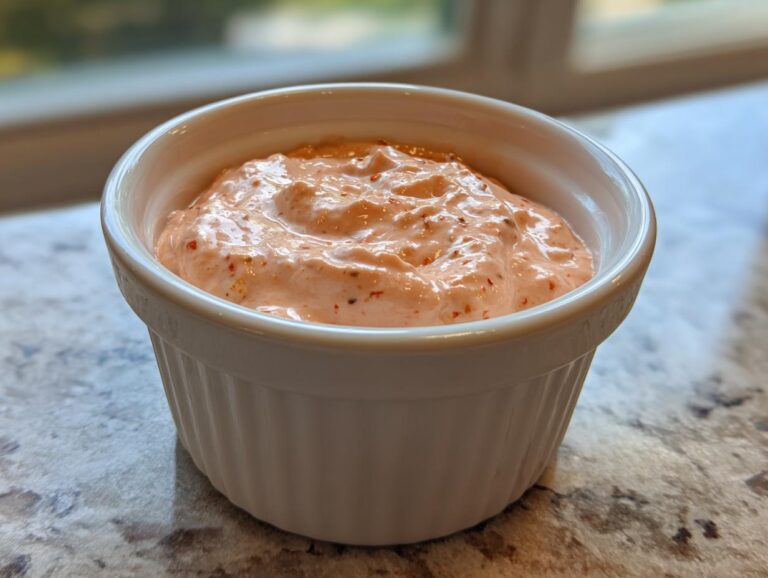 A close-up of the creamy, pinkish Copycat Classic Burger Spread Sauce served in a small white ramekin.