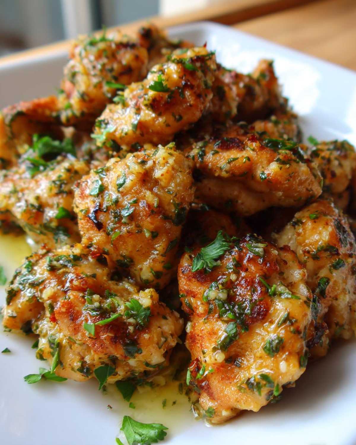 Close-up of crispy wings generously coated in Copycat Garlic Parmesan Wing Sauce and fresh parsley.