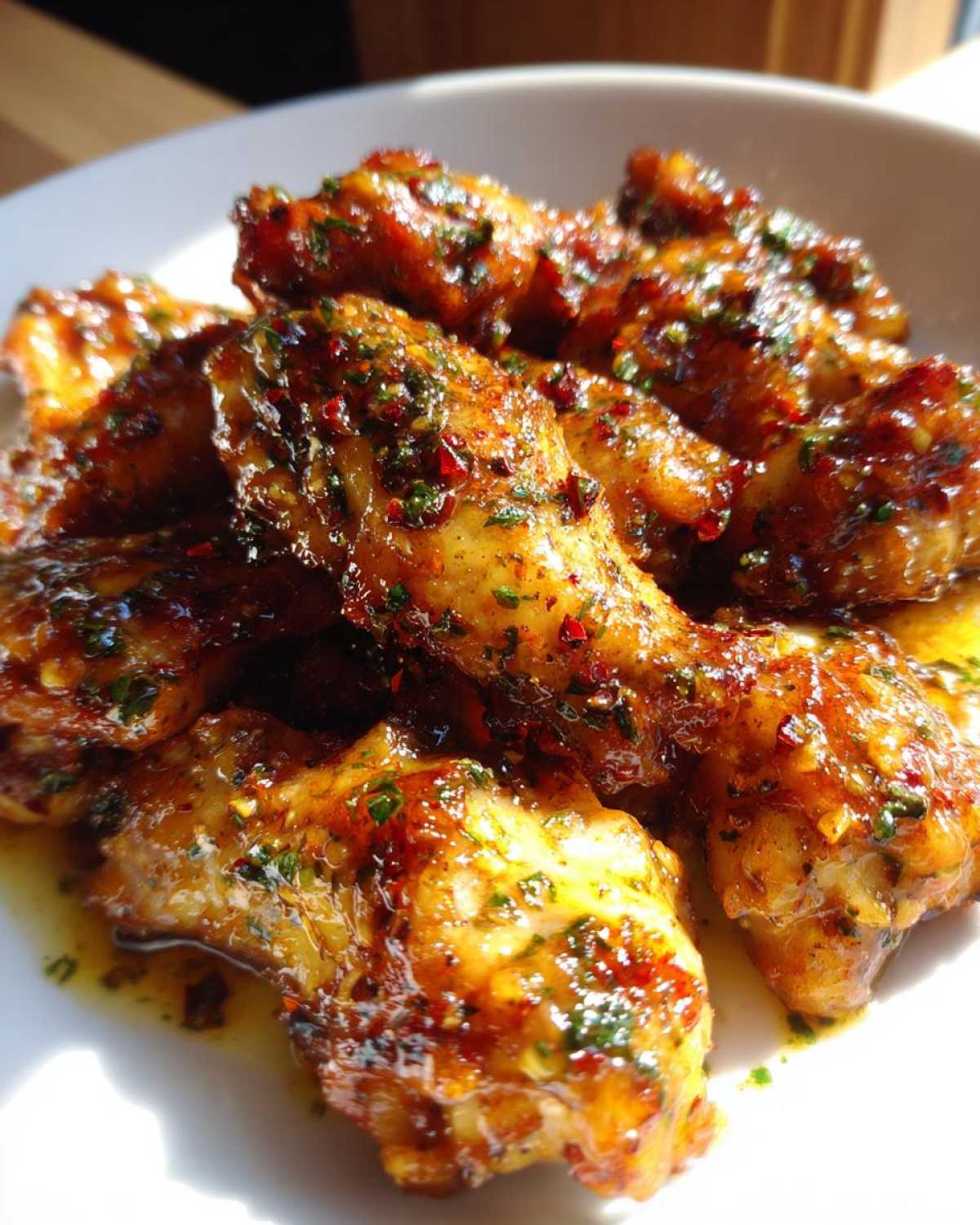 Close-up of crispy chicken wings generously coated in glossy Copycat Garlic Parmesan Wing Sauce with visible herbs and red pepper flakes.