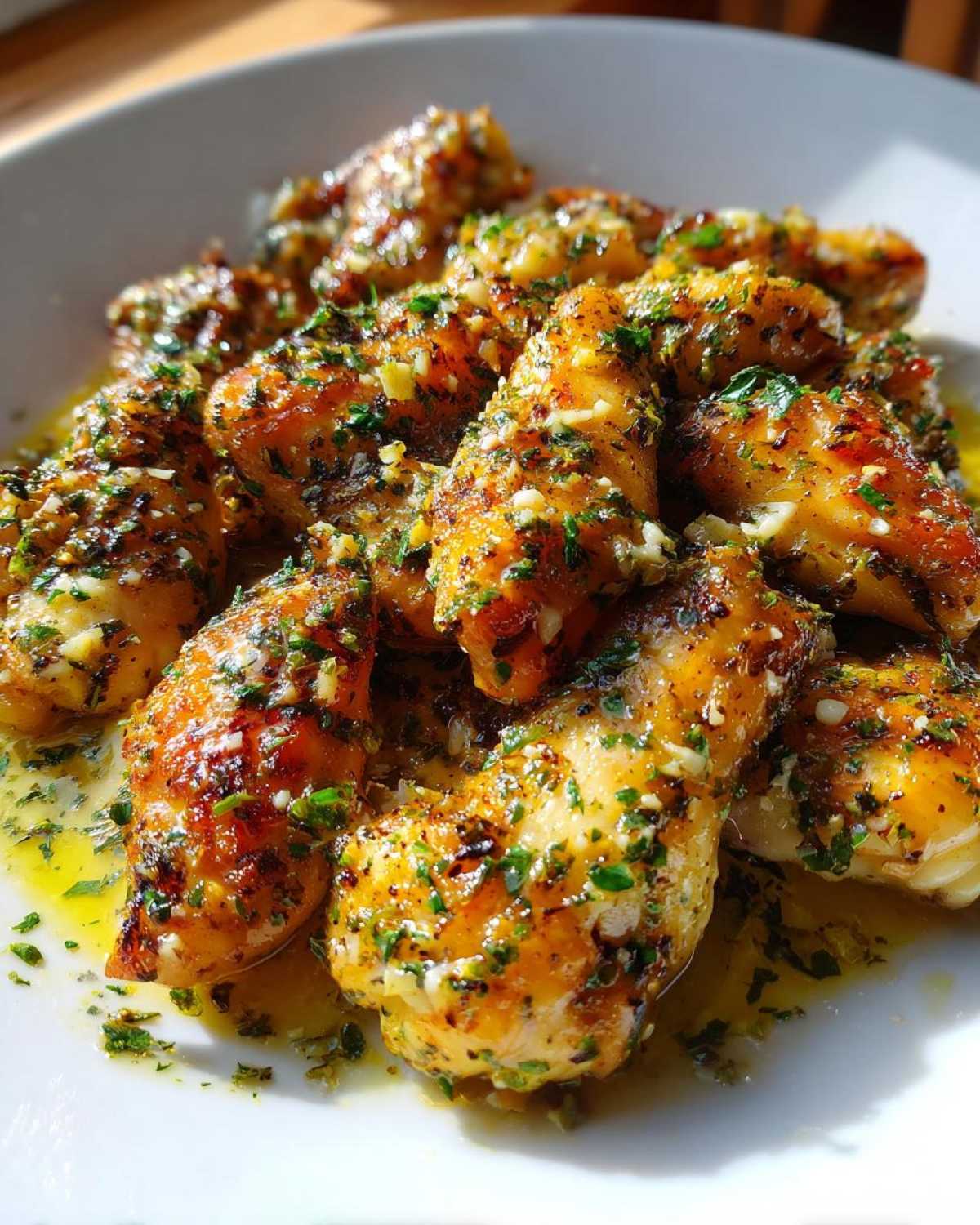 Close-up of crispy chicken wings generously coated in Copycat Garlic Parmesan Wing Sauce with visible garlic and parsley.