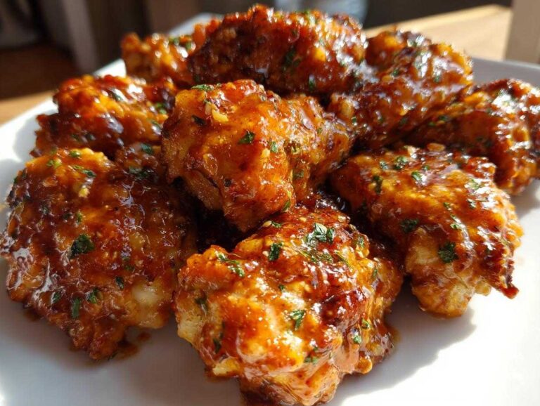 Close-up of crispy chicken wings heavily coated in a glossy, savory Copycat Garlic Parmesan Wing Sauce and sprinkled with parsley.