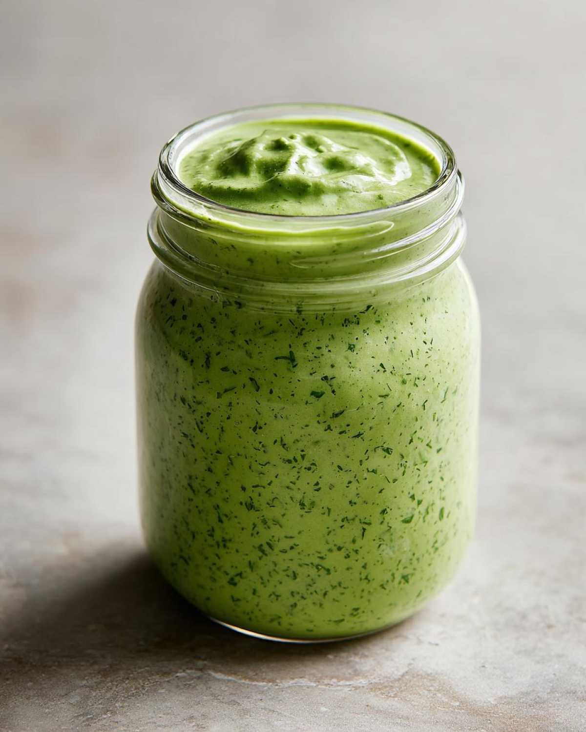 A glass mason jar filled with thick, vibrant green Copycat Green Goddess Ranch Dressing.