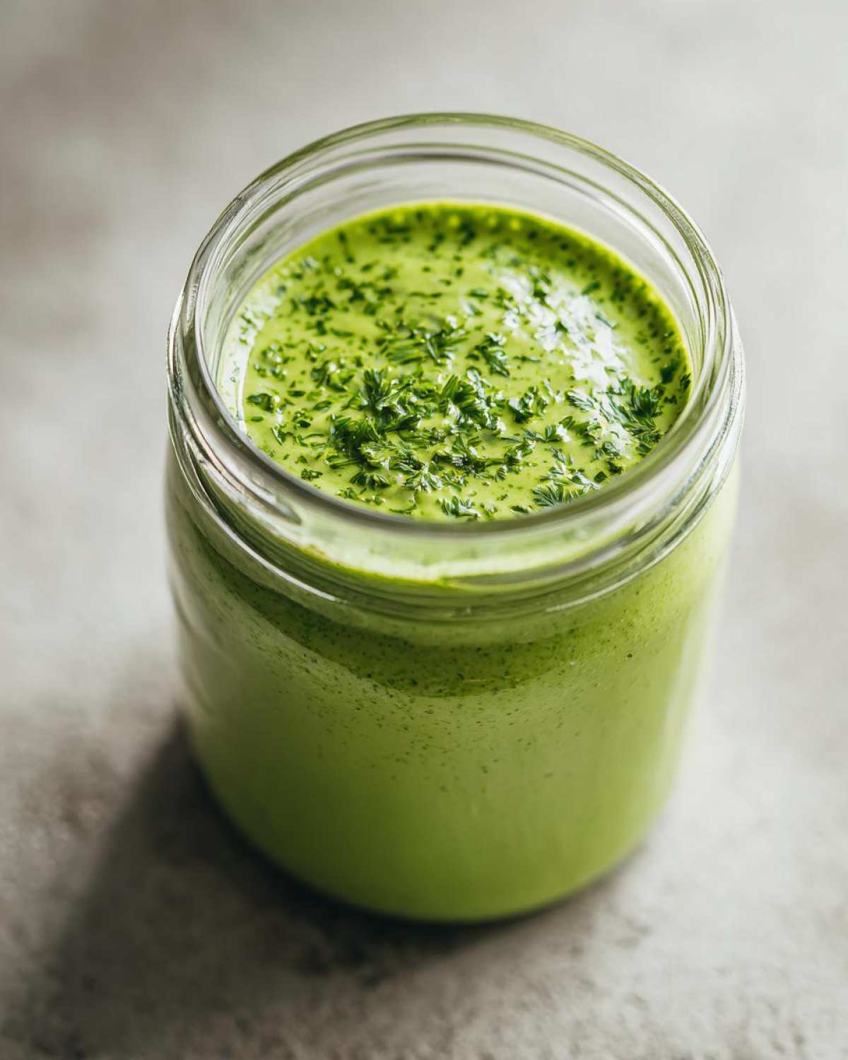 A close-up of vibrant green Copycat Green Goddess Ranch Dressing stored in a glass jar, topped with fresh herbs.