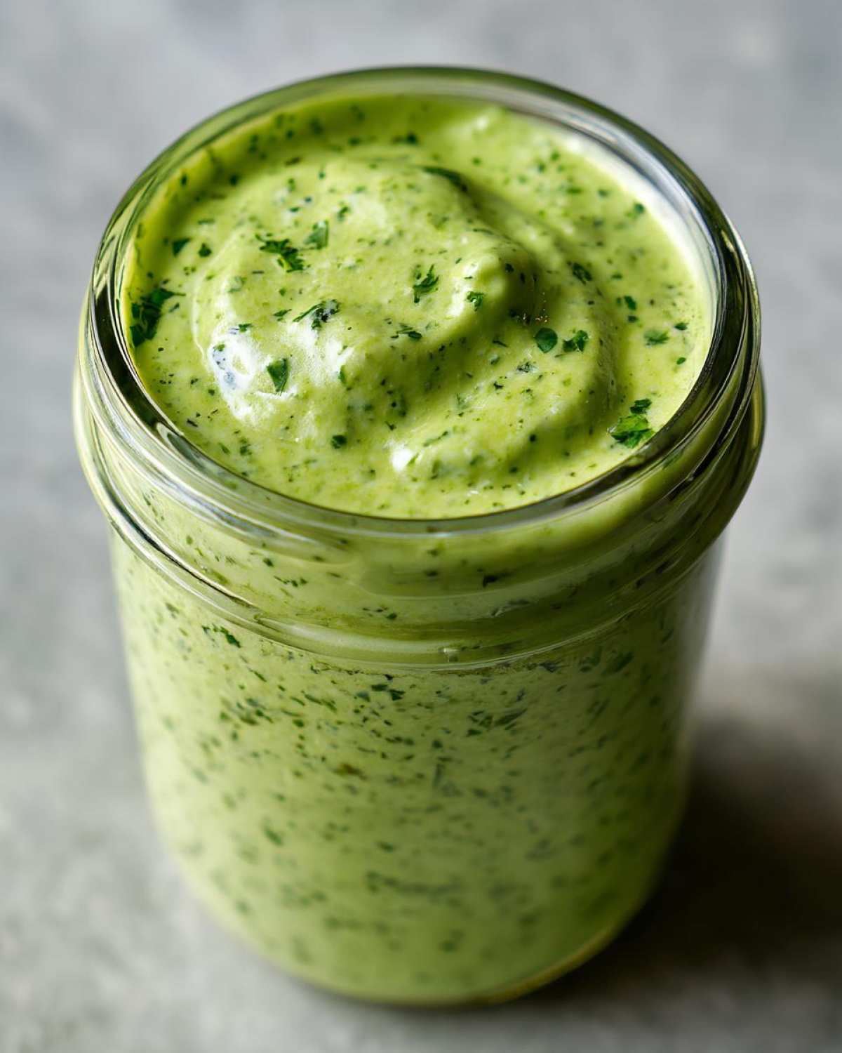 Close-up of vibrant green Copycat Green Goddess Ranch Dressing filling a glass jar.