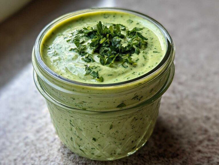 Close-up of creamy, bright green Copycat Green Goddess Ranch Dressing topped with fresh chopped parsley in a glass jar.