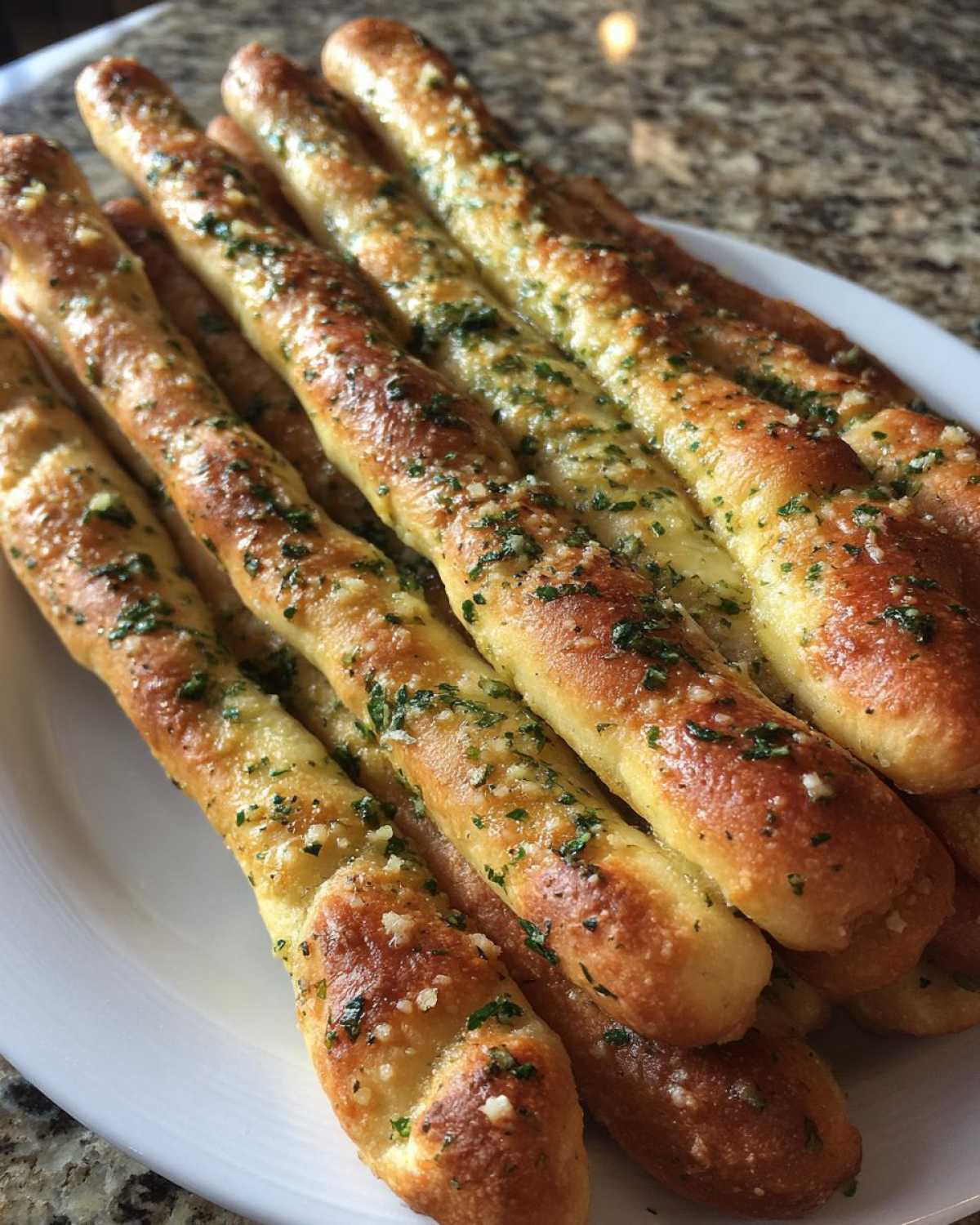 A close-up of several golden brown Copycat Italian Restaurant Soft Garlic Breadsticks piled on a white plate.