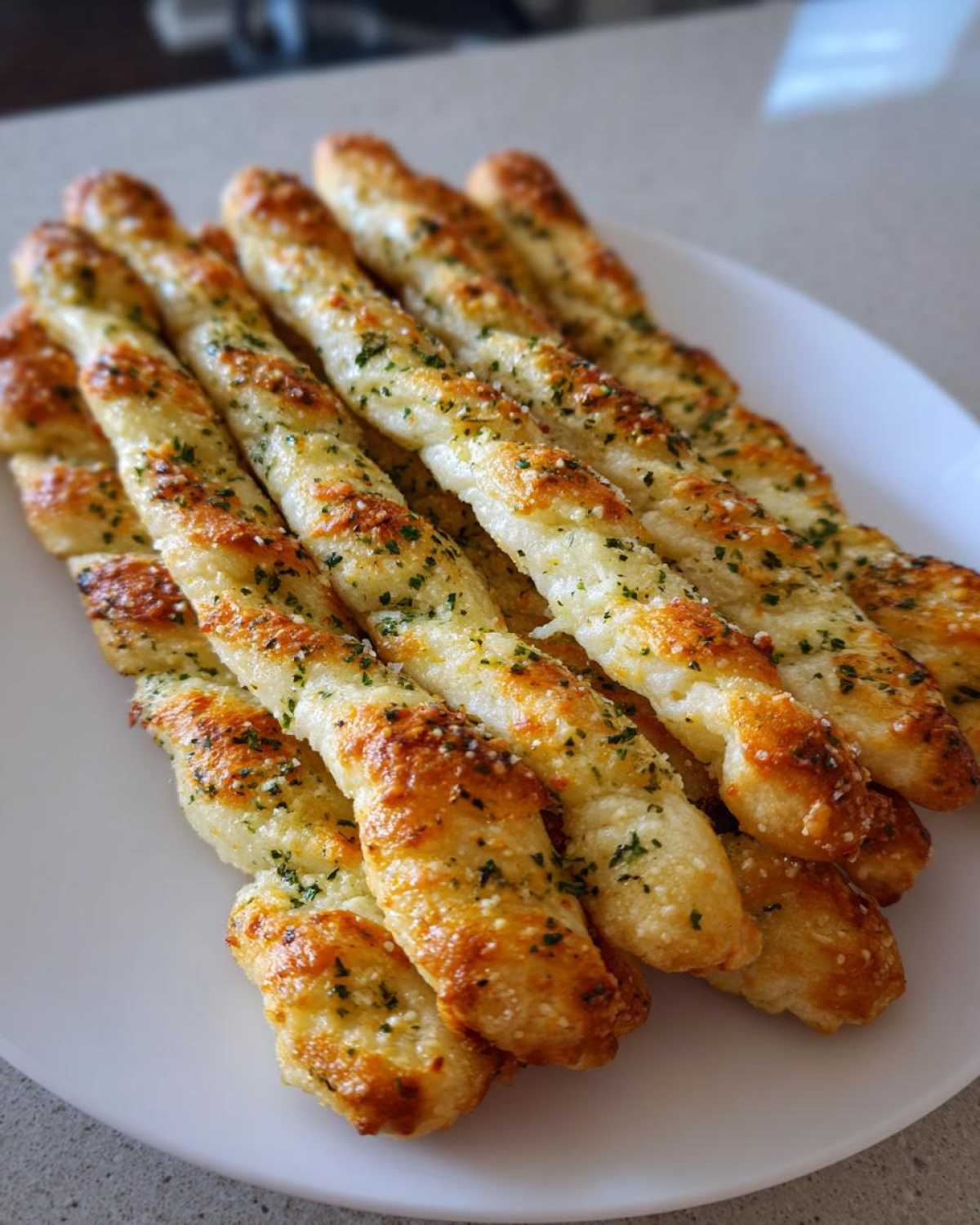 A stack of golden brown, twisted Copycat Italian Restaurant Soft Garlic Breadsticks topped with melted cheese and parsley.