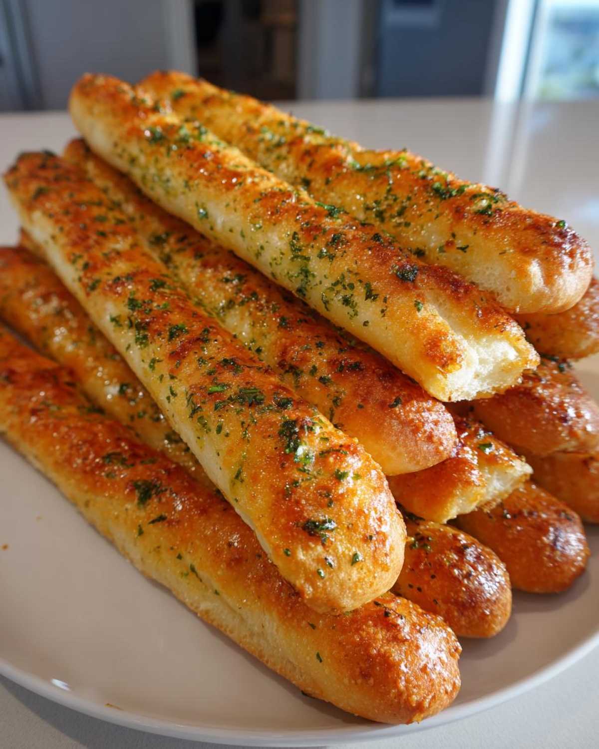 A stack of golden brown, soft garlic breadsticks topped with melted butter and parsley.