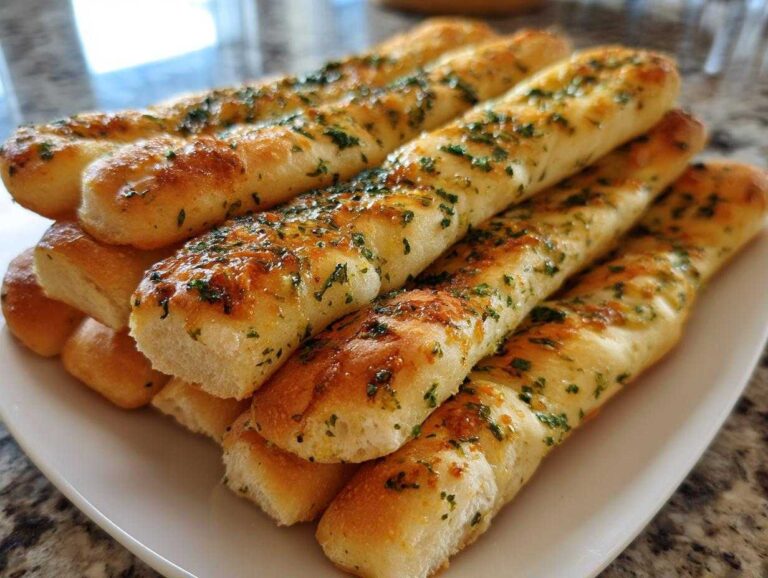 A close-up of several warm, soft garlic breadsticks stacked on a white plate, glistening with butter and herbs.