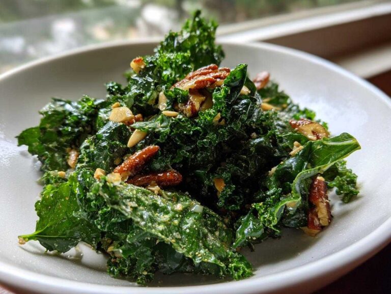 5 Amazing Copycat Kale Crunch Salad Secrets A close-up of vibrant green kale leaves tossed in a creamy dressing, topped with crunchy pecans, resembling the Copycat Kale Crunch Salad.