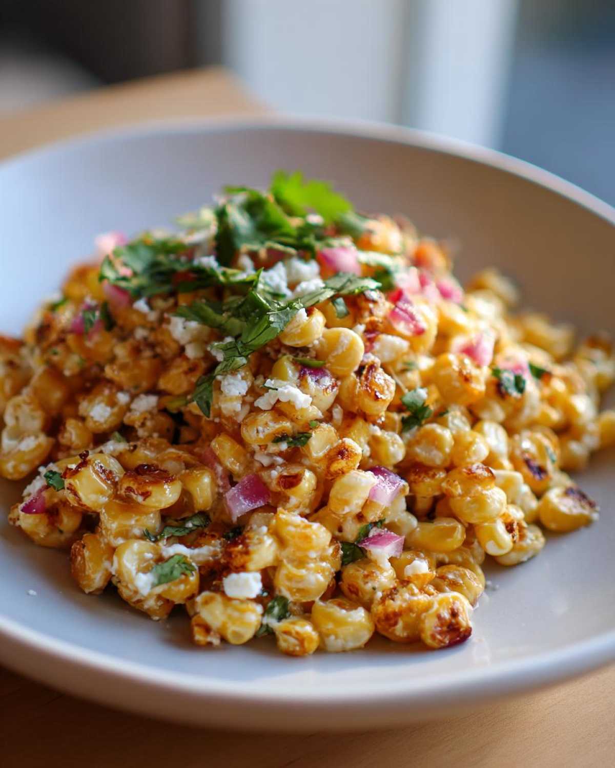 A close-up view of a bowl filled with charred corn kernels, red onion, cotija cheese, and cilantro, representing Copycat Mexican Grill Corn Salsa.