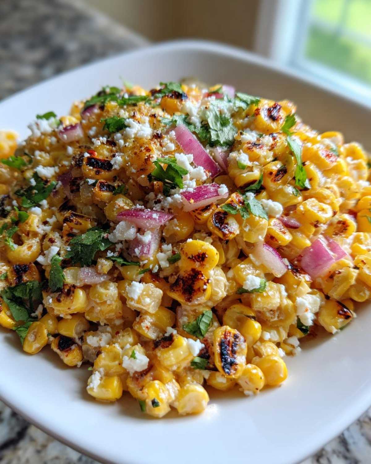 Close-up of charred corn kernels mixed with cotija cheese, red onion, and cilantro, resembling Copycat Mexican Grill Corn Salsa.