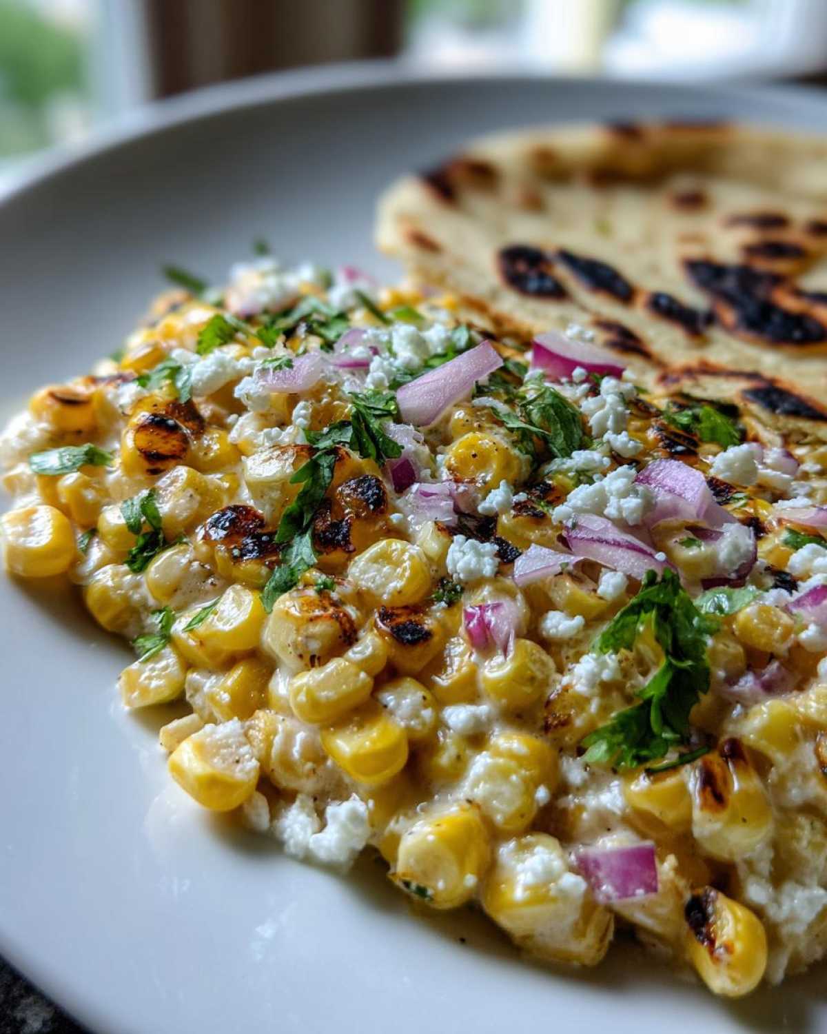 Close-up of creamy, charred corn kernels topped with cotija cheese, red onion, and cilantro, resembling Copycat Mexican Grill Corn Salsa, served with a piece of grilled flatbread.