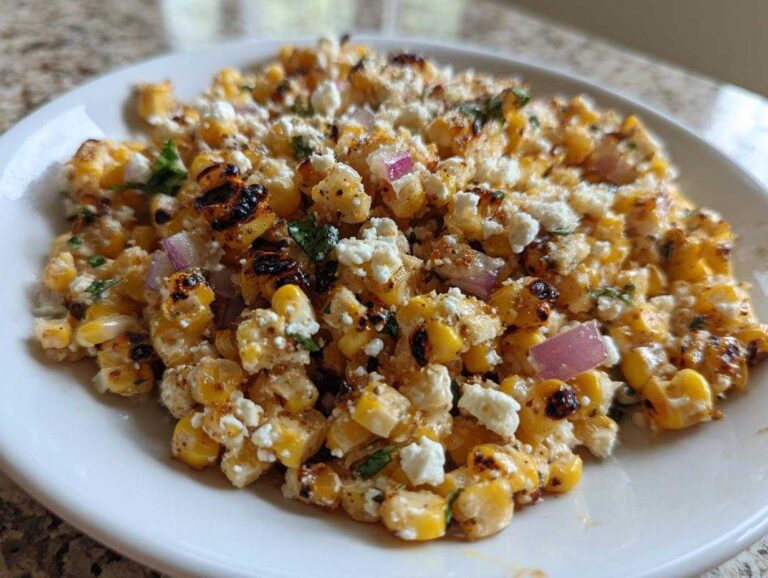 A close-up of grilled corn kernels mixed with white cheese crumbles and red onion, representing the Copycat Mexican Grill Corn Salsa.