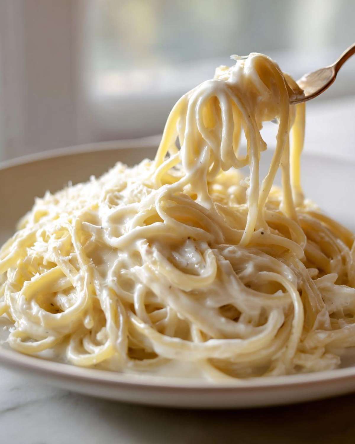 A fork lifting spaghetti coated in thick, creamy Easy Cottage Cheese Alfredo Sauce from a plate.