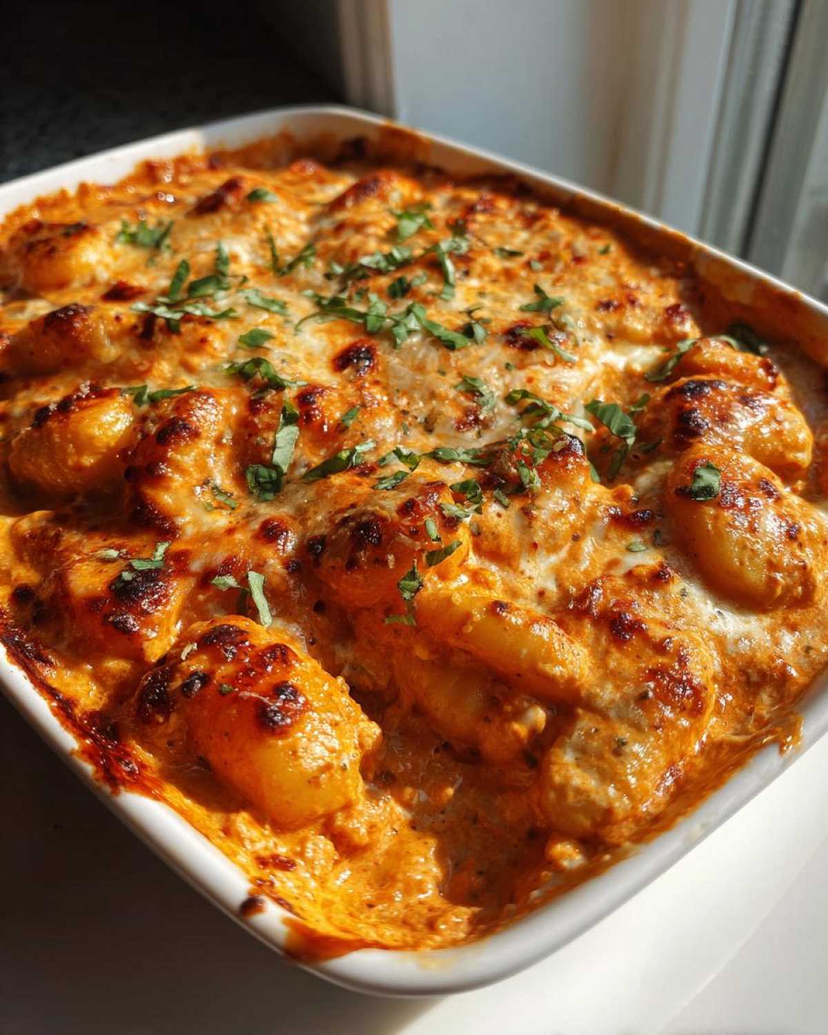 Close-up of a bubbling Creamy Roasted Garlic Tomato Gnocchi Bake with a golden, cheesy crust.