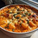 A close-up of a baked dish featuring Creamy Roasted Garlic Tomato Gnocchi Bake, topped with melted cheese and fresh basil.