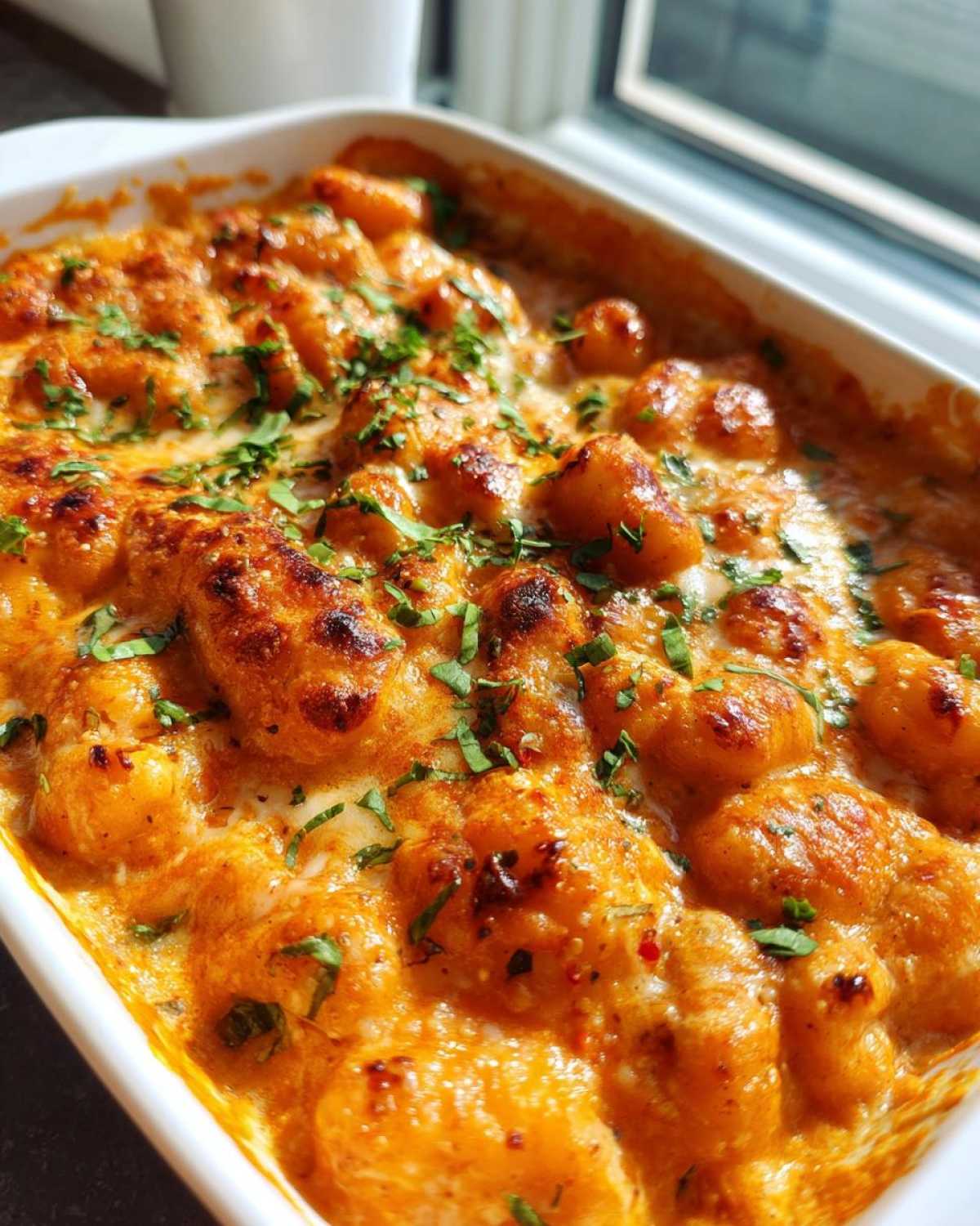 Close-up of a bubbly, golden-brown Creamy Roasted Garlic Tomato Gnocchi Bake topped with fresh herbs.