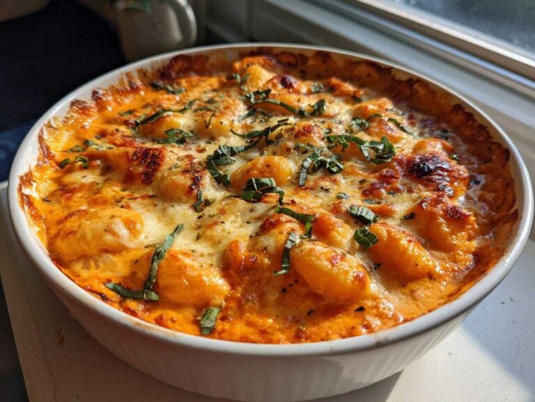 A close-up of a baked dish featuring Creamy Roasted Garlic Tomato Gnocchi Bake, topped with melted cheese and fresh basil.