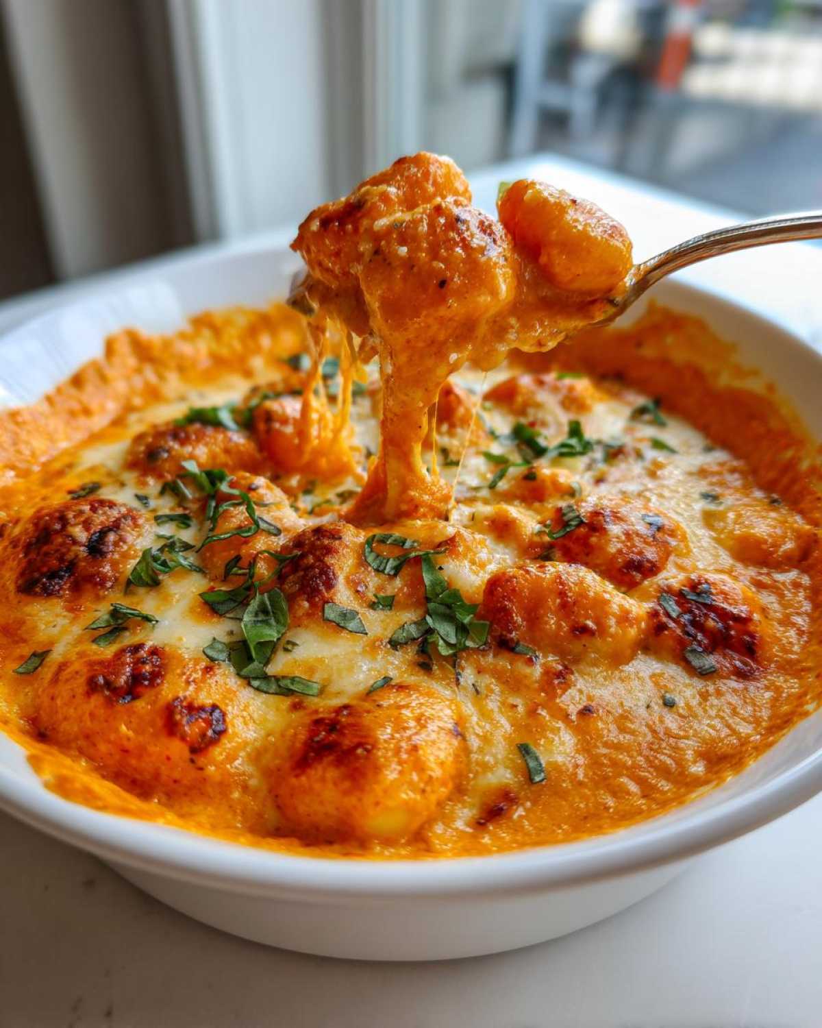 A spoonful of cheesy Creamy Roasted Garlic Tomato Gnocchi Bake being lifted from a white bowl, showing a dramatic cheese pull.