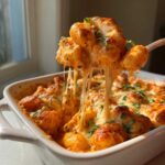 A spoonful of Creamy Roasted Garlic Tomato Gnocchi Bake showing extreme cheese pull over the white baking dish.