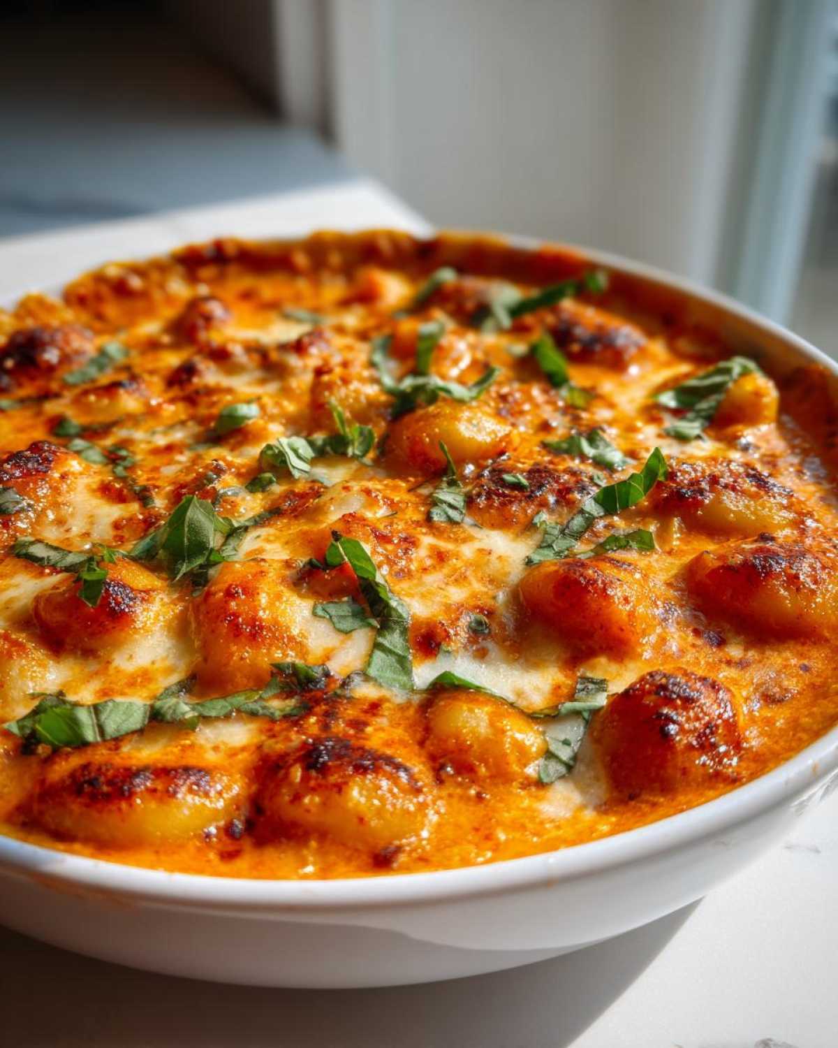 Close-up of a bubbling Creamy Roasted Garlic Tomato Gnocchi Bake topped with melted, browned cheese and fresh basil.