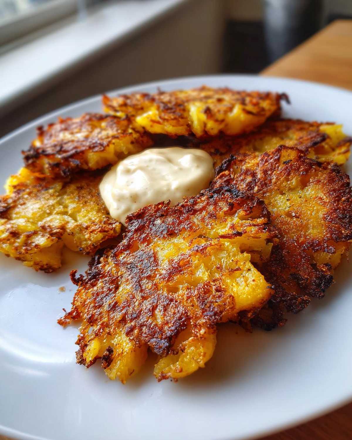 Close-up of golden brown, crispy smashed potatoes served with a dollop of garlic aioli on a white plate.