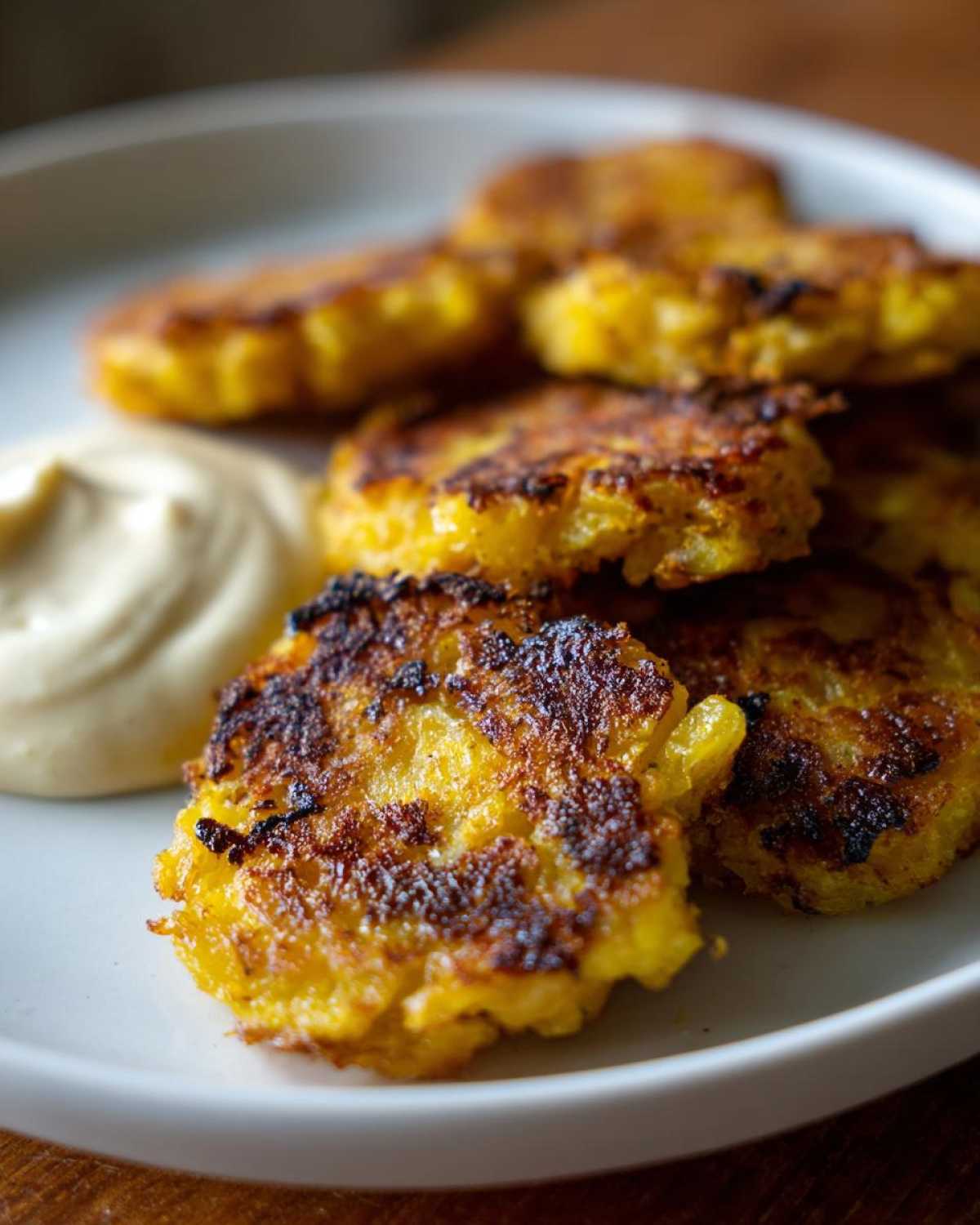 Close-up of crispy, golden-brown Sheet Pan Crispy Smashed Potatoes formed into small patties served with garlic aioli.