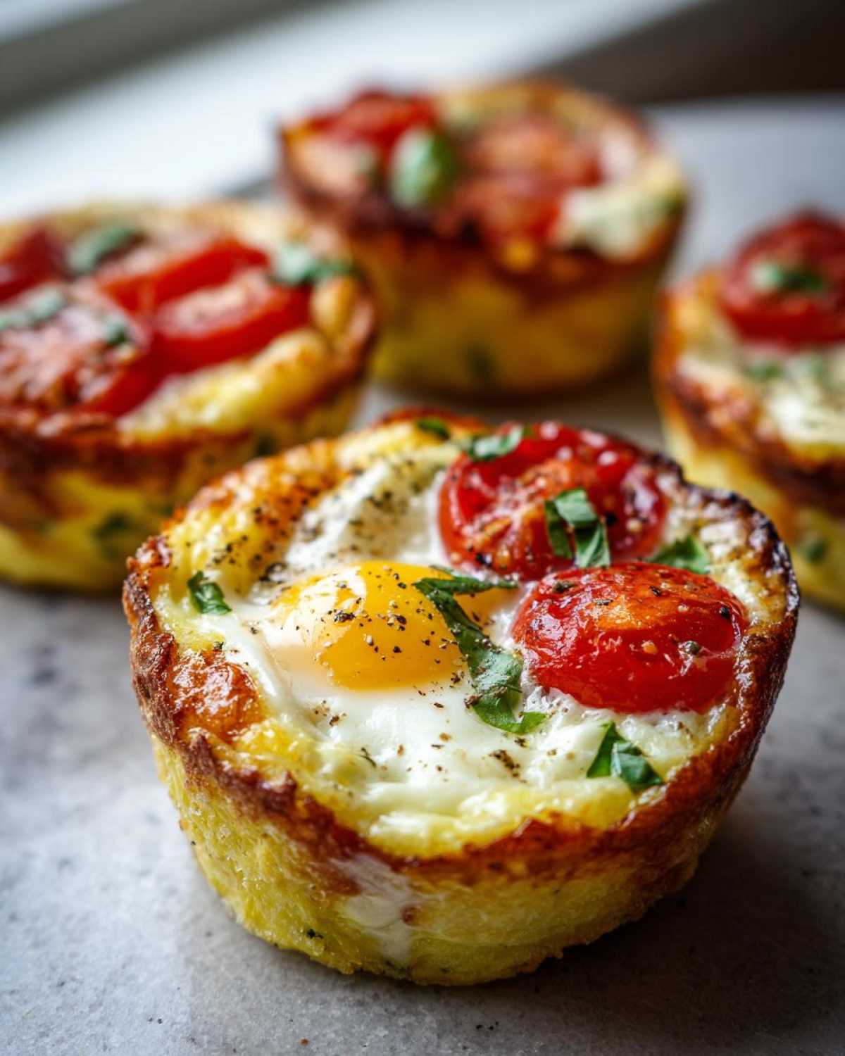 Close-up of a freshly cooked Easy 5-Minute Microwave Egg Caprese Cup topped with a runny yolk, roasted tomatoes, and basil.