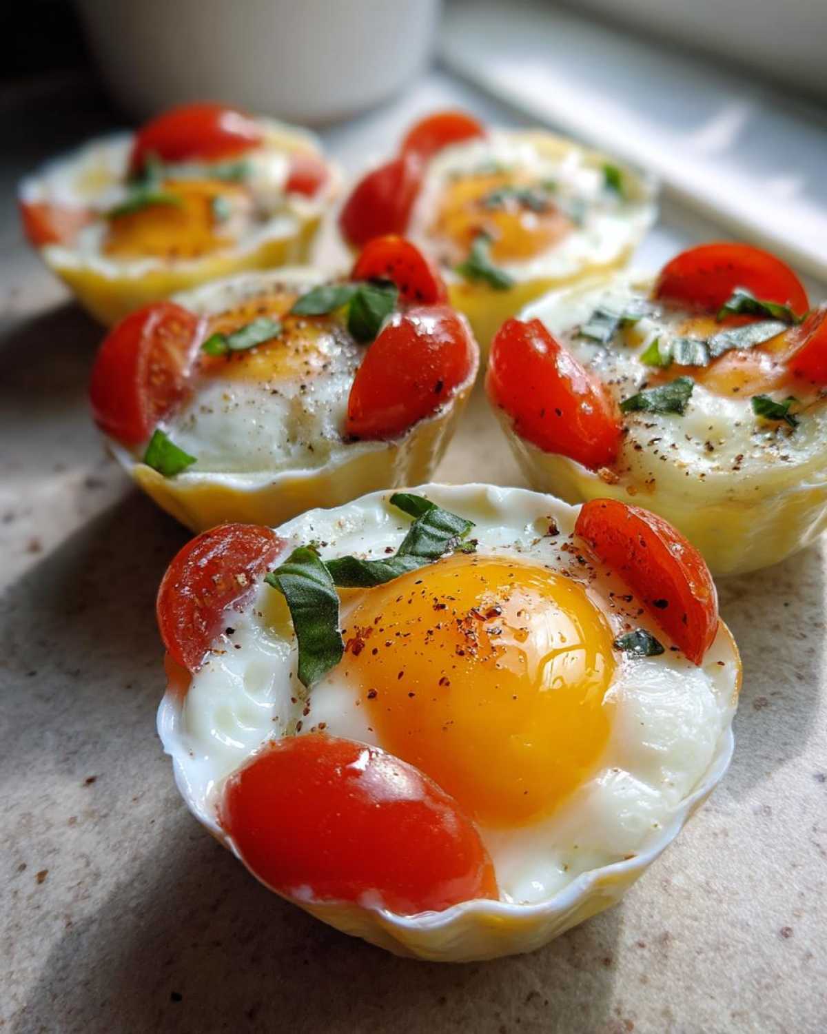 Close-up of several Easy 5-Minute Microwave Egg Caprese Cups topped with bright red cherry tomatoes and fresh basil.
