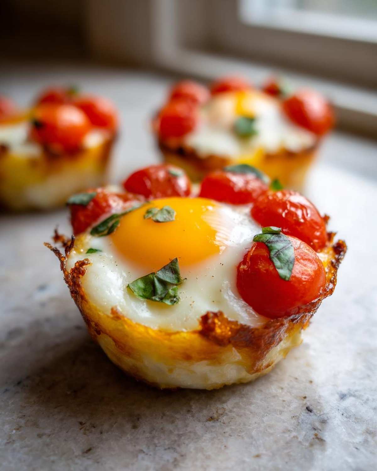 Close-up of one perfectly cooked Easy 5-Minute Microwave Egg Caprese Cup topped with a runny yolk, cherry tomatoes, and basil.