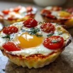 Close-up of a freshly cooked Easy 5-Minute Microwave Egg Caprese Cup with a runny yolk, cherry tomatoes, and basil.