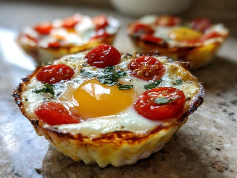 Close-up of a freshly cooked Easy 5-Minute Microwave Egg Caprese Cup with a runny yolk, cherry tomatoes, and basil.