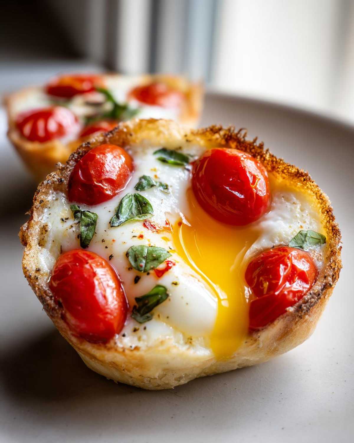 Close-up of a freshly cooked Easy 5-Minute Microwave Egg Caprese Cup with a runny yolk, cherry tomatoes, and basil.