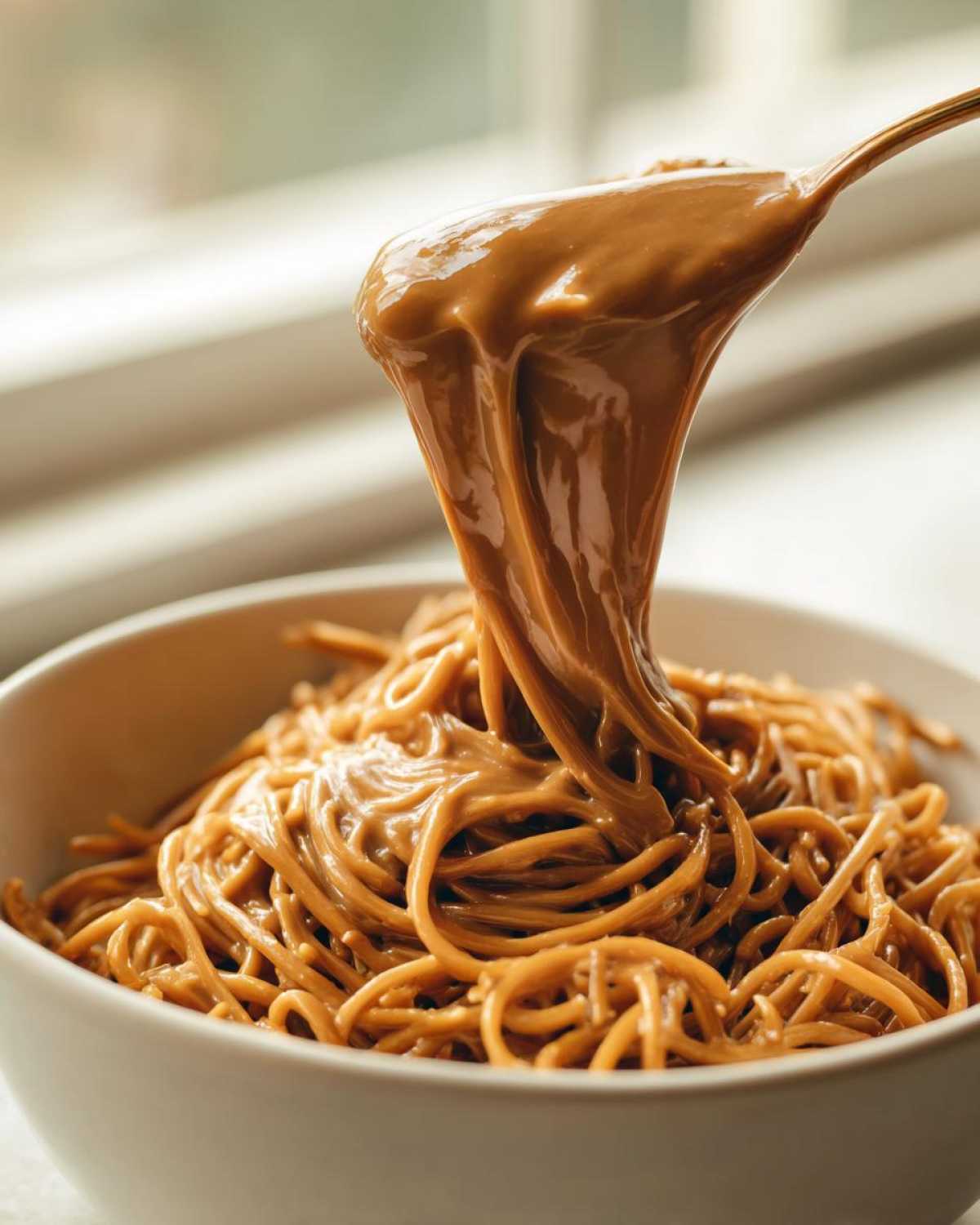 A spoonful of thick, creamy Easy 5-Minute Peanut Sauce for Noodles being poured over a bowl of cooked noodles.