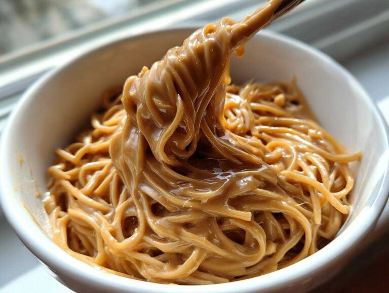 Close-up of noodles being lifted from a white bowl, thoroughly coated in rich, creamy Easy 5-Minute Peanut Sauce.
