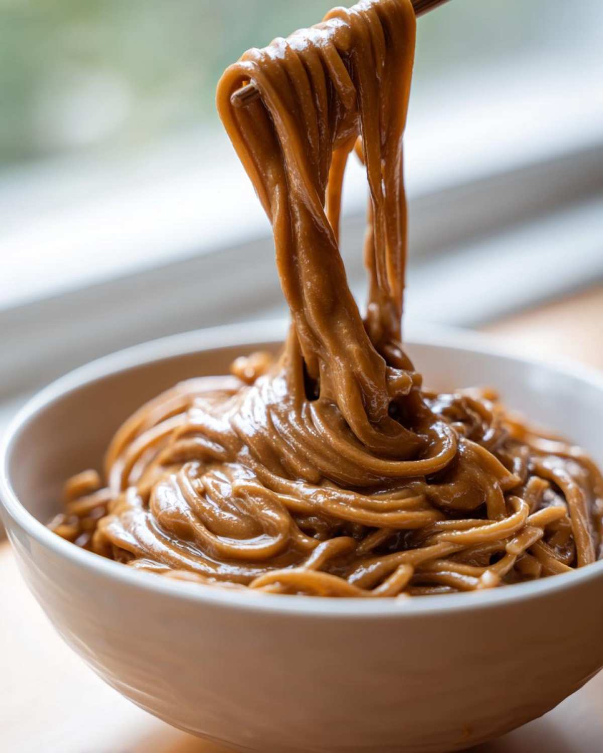 Noodles being lifted from a bowl, heavily coated in thick, glossy Easy 5-Minute Peanut Sauce.