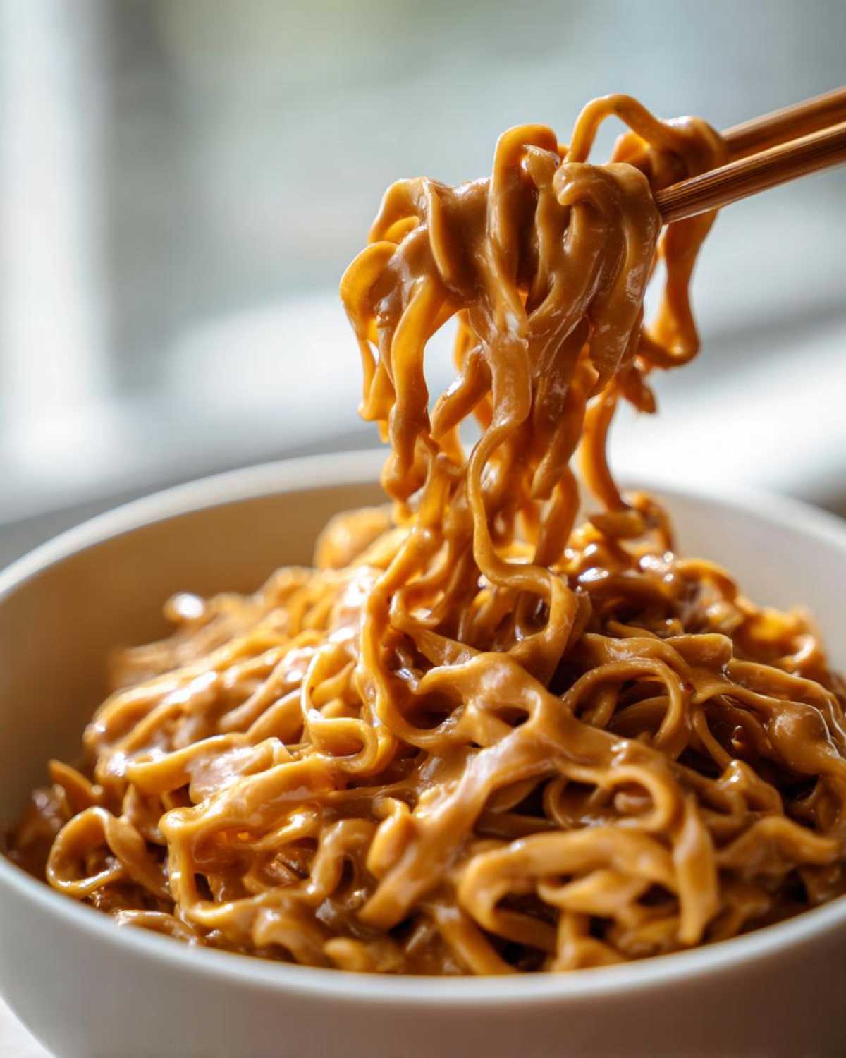 Chopsticks lifting creamy noodles coated in the Easy 5-Minute Peanut Sauce from a white bowl.
