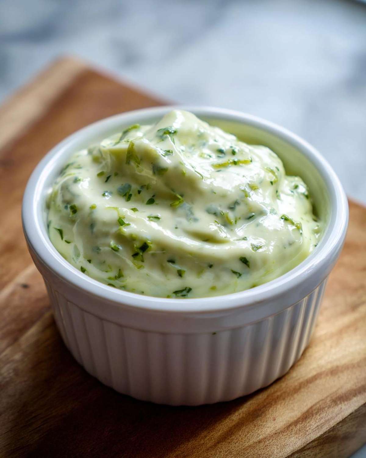 A close-up of the thick, creamy Easy 5-Minute Salsa Verde Yogurt Dip speckled with green herbs in a white ramekin.