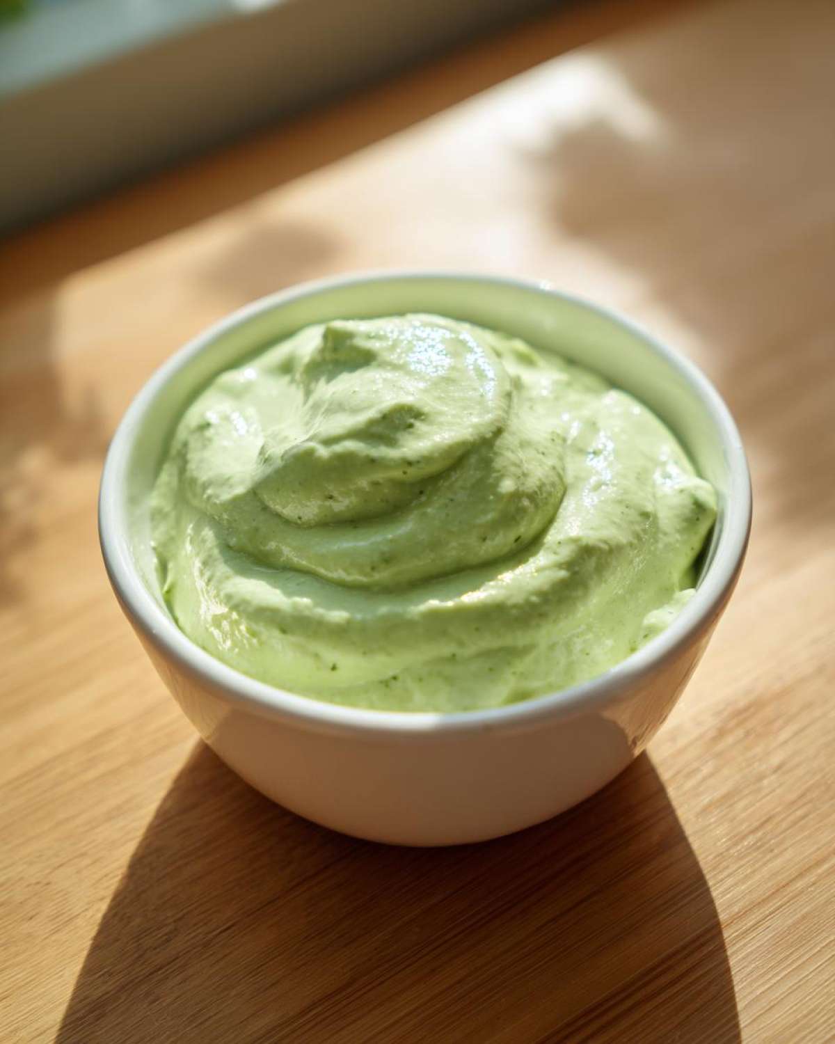 A close-up of thick, bright green Easy 5-Minute Salsa Verde Yogurt Dip swirled in a small white bowl on a wooden surface.