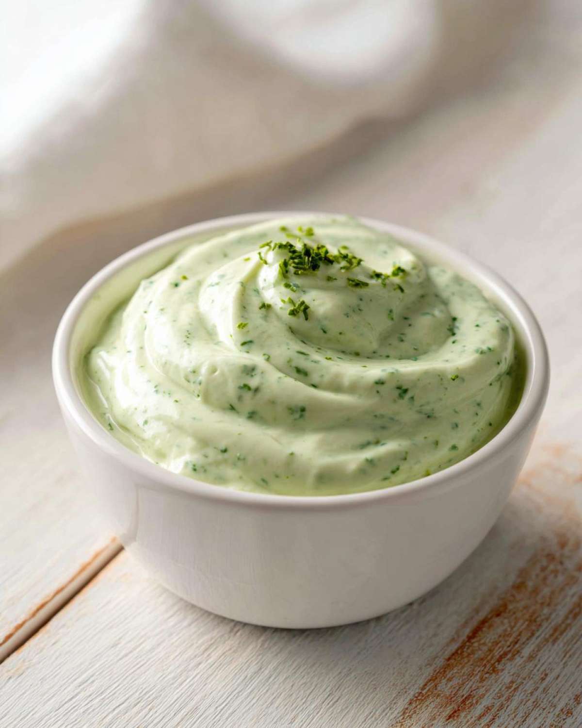 Close-up of a white bowl filled with creamy, pale green Easy 5-Minute Salsa Verde Yogurt Dip, garnished with herbs.