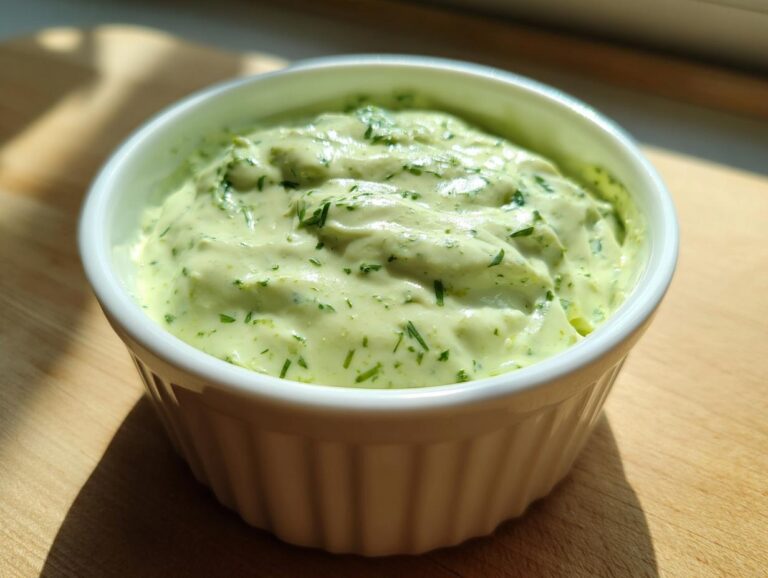 Close-up of creamy Easy 5-Minute Salsa Verde Yogurt Dip topped with fresh herbs in a white fluted bowl.