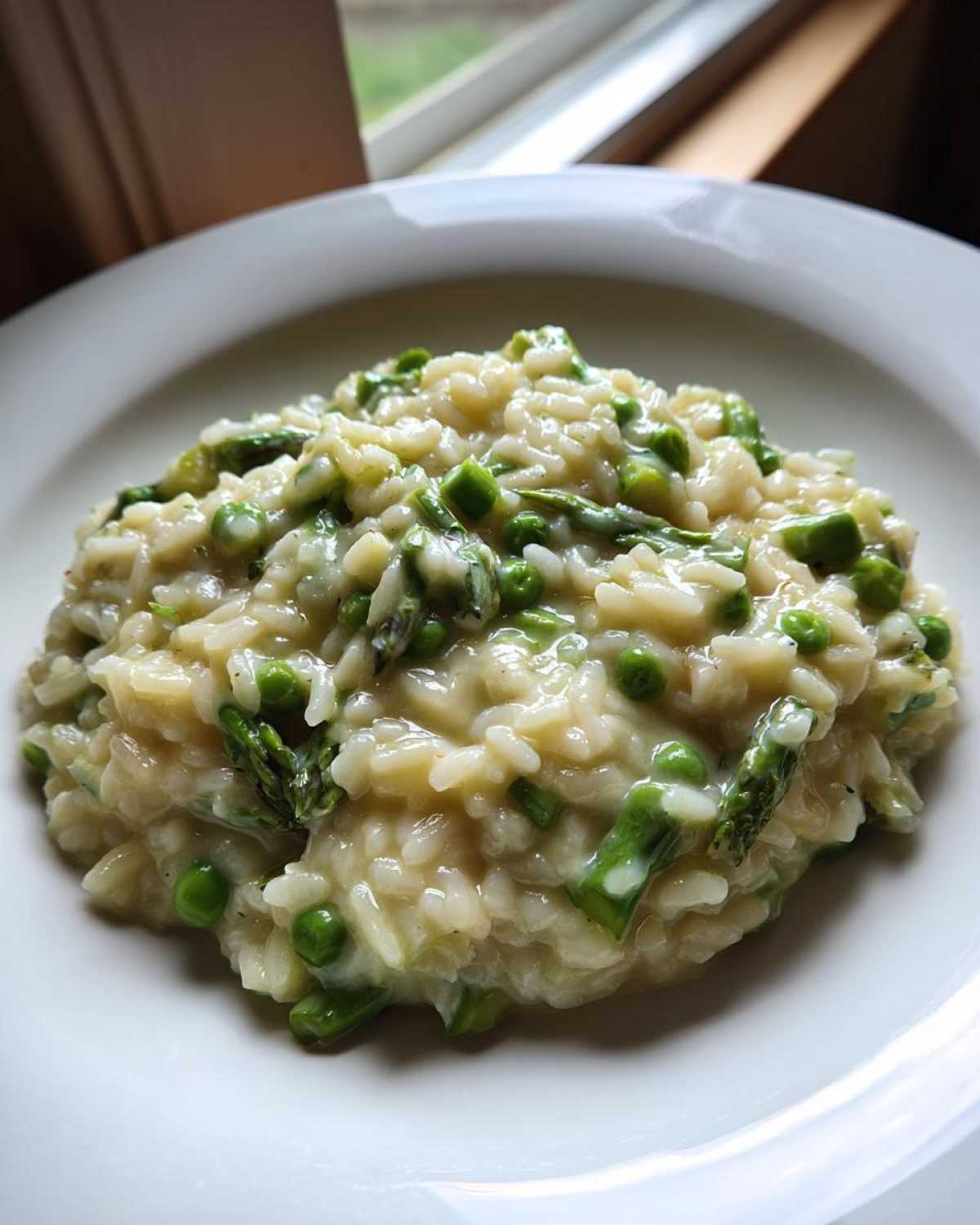 A close-up of Easy Creamy Asparagus Risotto mixed with bright green peas and asparagus tips on a white plate.