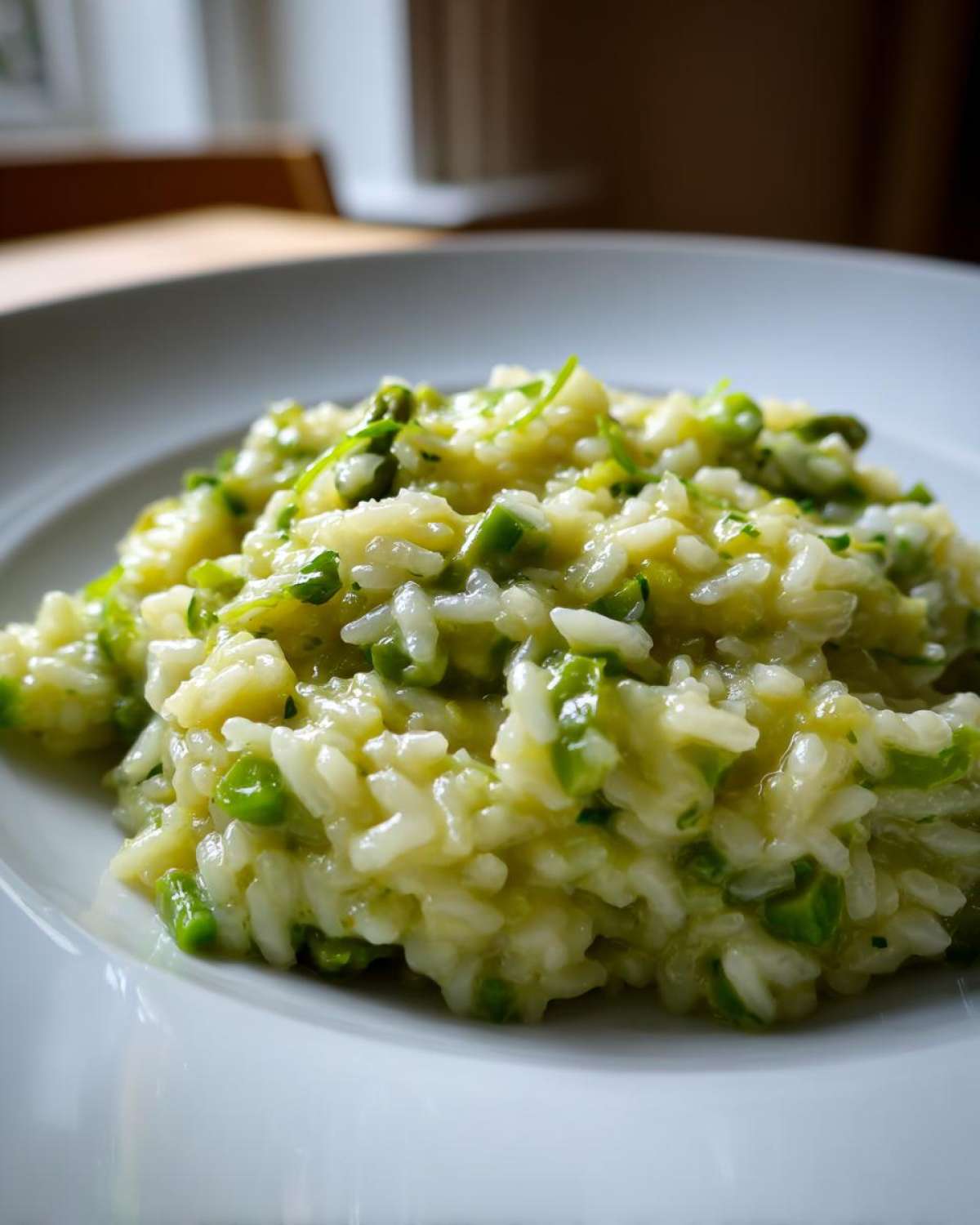 Close-up of a serving of Easy Creamy Asparagus Risotto on a white plate, showing creamy rice and bright green asparagus pieces.