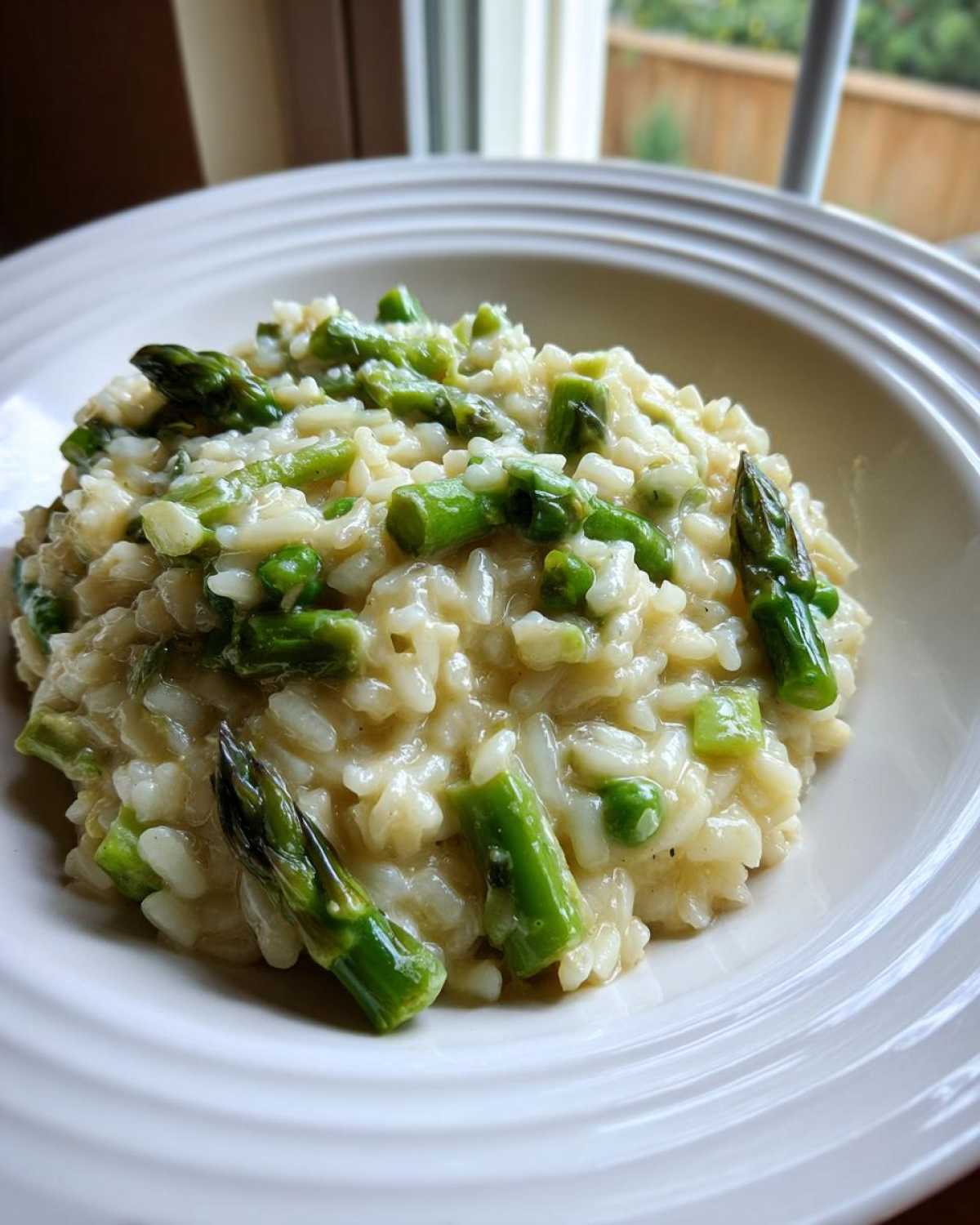 A close-up of Easy Creamy Asparagus Risotto served in a white bowl, featuring bright green asparagus tips.