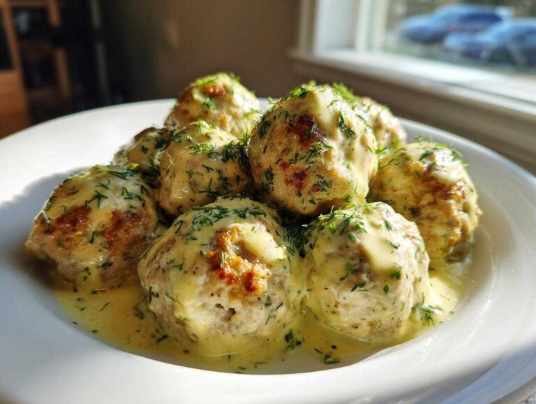 A plate of Easy Creamy Greek Chicken Meatballs covered in a light yellow sauce and fresh dill.