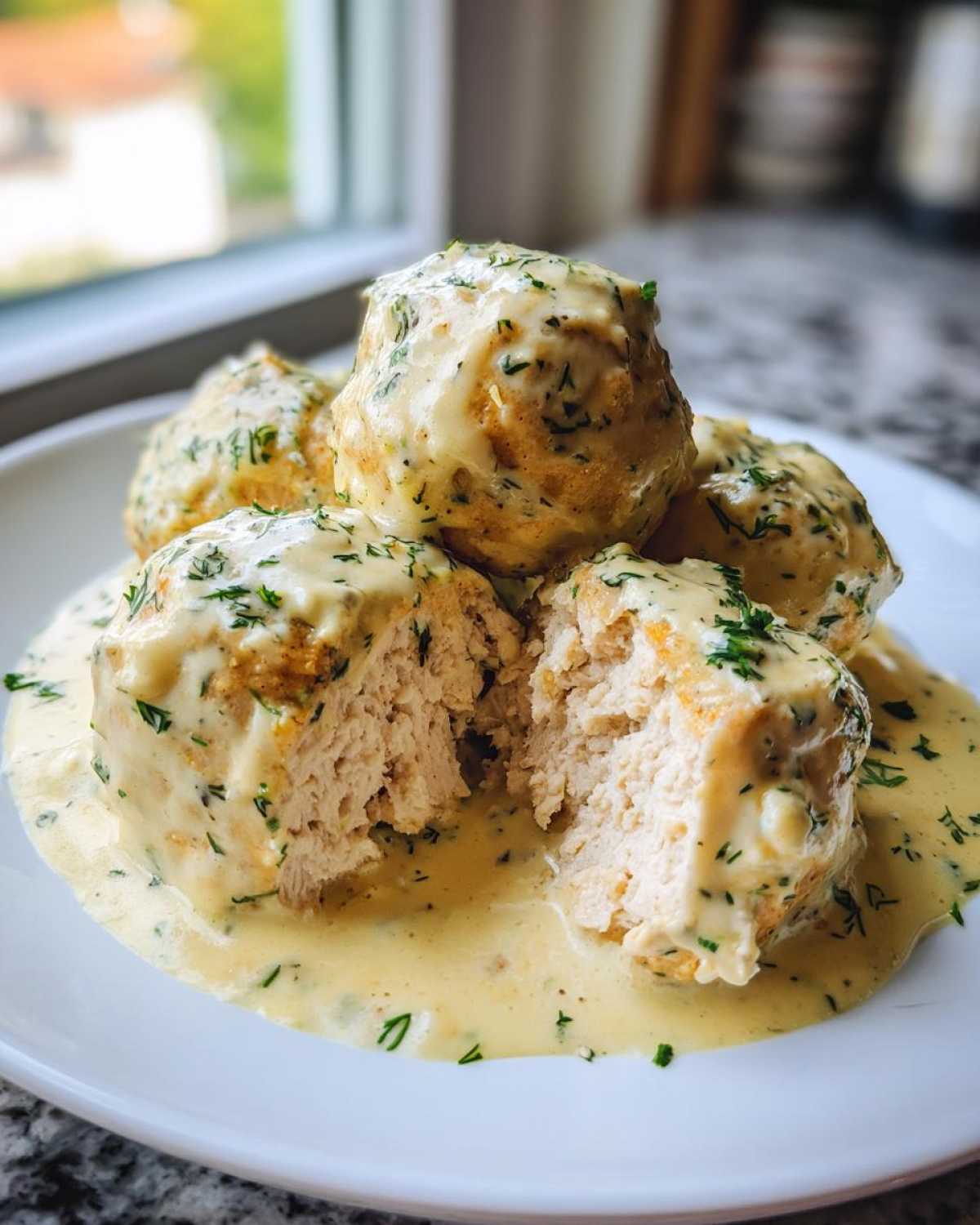 A plate of Easy Creamy Greek Chicken Meatballs covered in a rich, creamy sauce and sprinkled with fresh herbs.