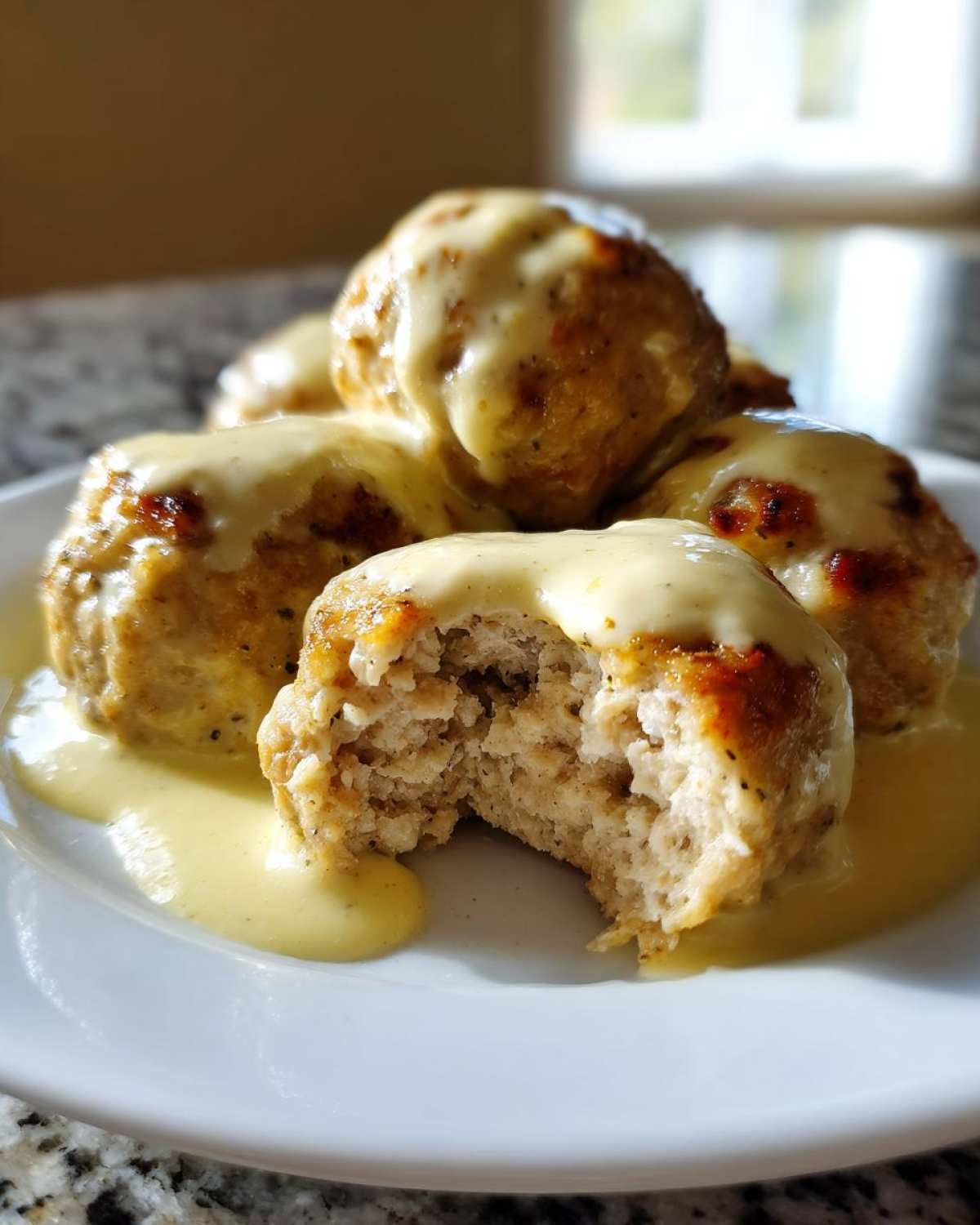 Close-up of Easy Creamy Greek Chicken Meatballs piled on a white plate, one is bitten into, covered in a rich yellow sauce.