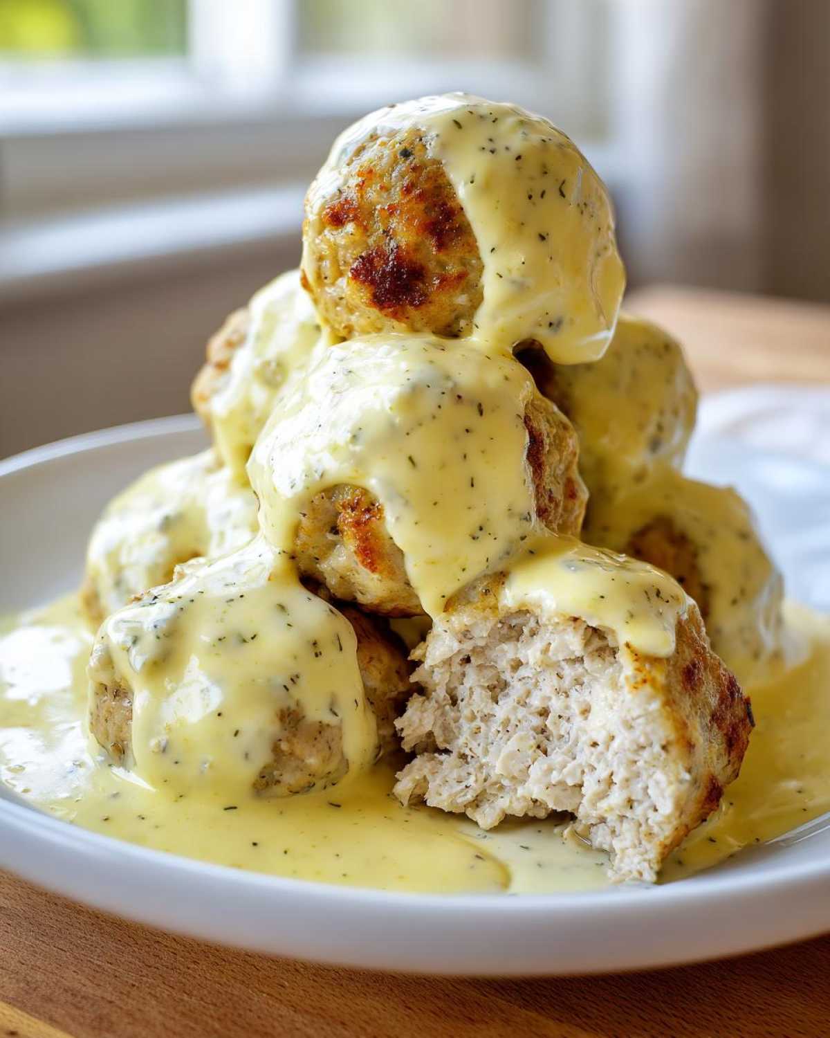 A stack of Easy Creamy Greek Chicken Meatballs generously covered in a light yellow, herbed cream sauce, with one meatball cut open.